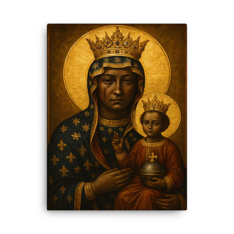 Black Madonna of Czestochowa with scarred regal solemnity canvas print on a plain backdrop in size 18