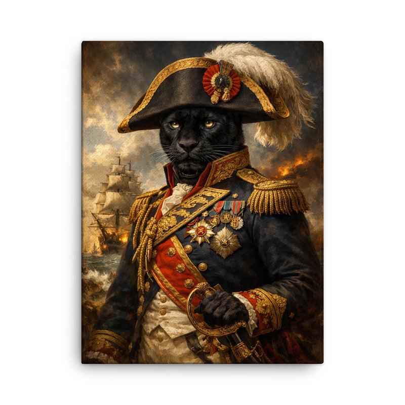 Black panther admiral in Napoleonic uniform canvas print on a plain backdrop in size 18