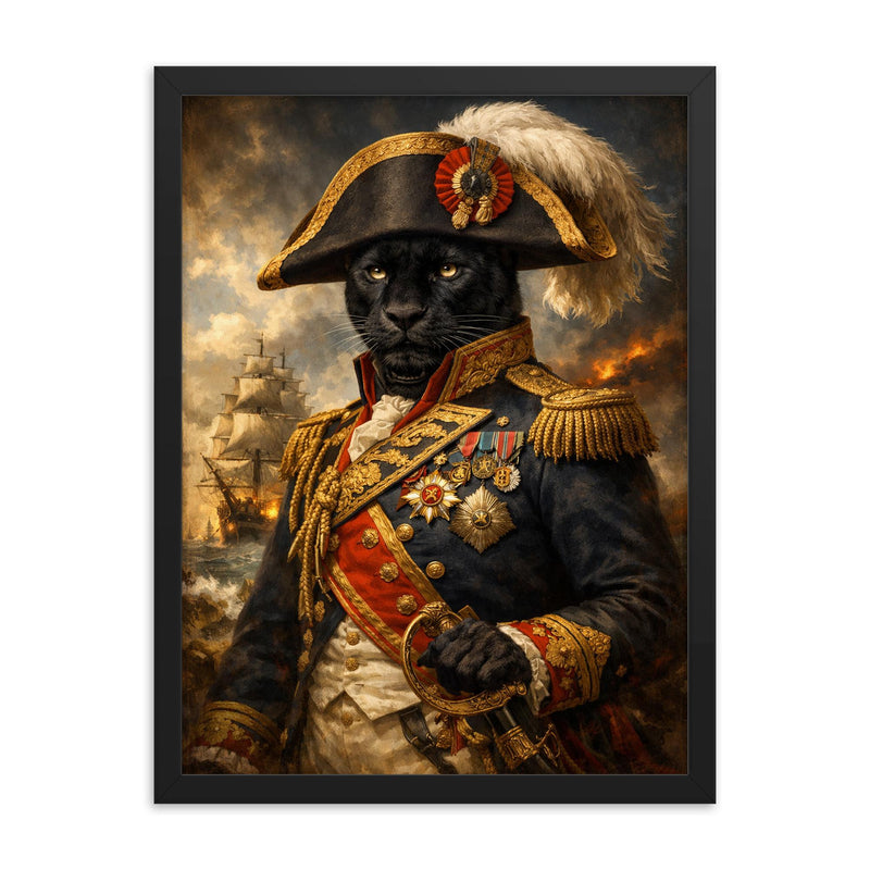 Black panther admiral in Napoleonic uniform framed print on a plain backdrop in size 18