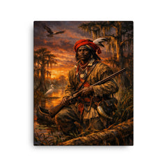 Black Seminole scout in Everglades dusk canvas print on a plain backdrop in size 16"x20".