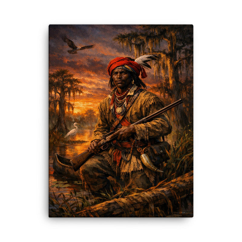 Black Seminole scout in Everglades dusk canvas print on a plain backdrop in size 18