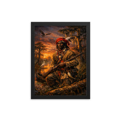 Black Seminole scout in Everglades dusk framed print on a plain backdrop in size 12"x16".