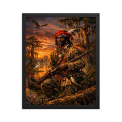 Black Seminole scout in Everglades dusk framed print on a plain backdrop in size 16"x20".