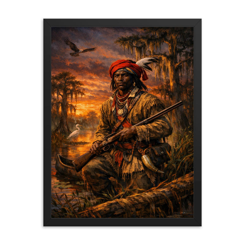 Black Seminole scout in Everglades dusk framed print on a plain backdrop in size 18