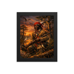 Black Seminole scout in Everglades dusk framed print on a plain backdrop in size 8"x10".