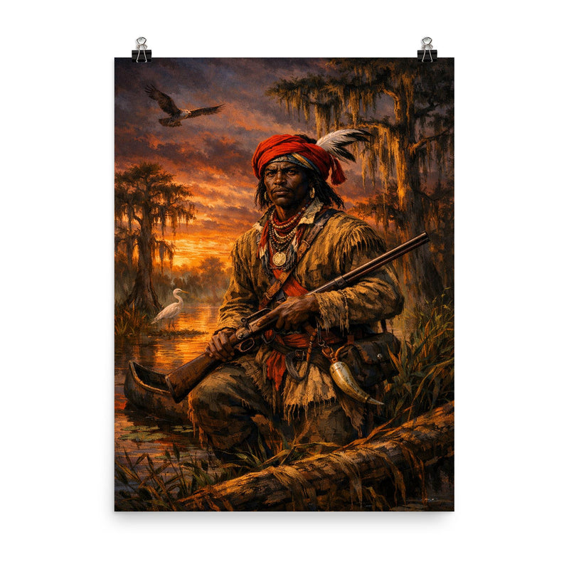 Black Seminole scout in Everglades dusk poster on a plain backdrop in size 8