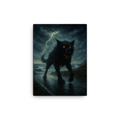 Black Shuck on storm lashed coastal road canvas print on a plain backdrop in size 12"x16".