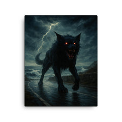 Black Shuck on storm lashed coastal road canvas print on a plain backdrop in size 16"x20".