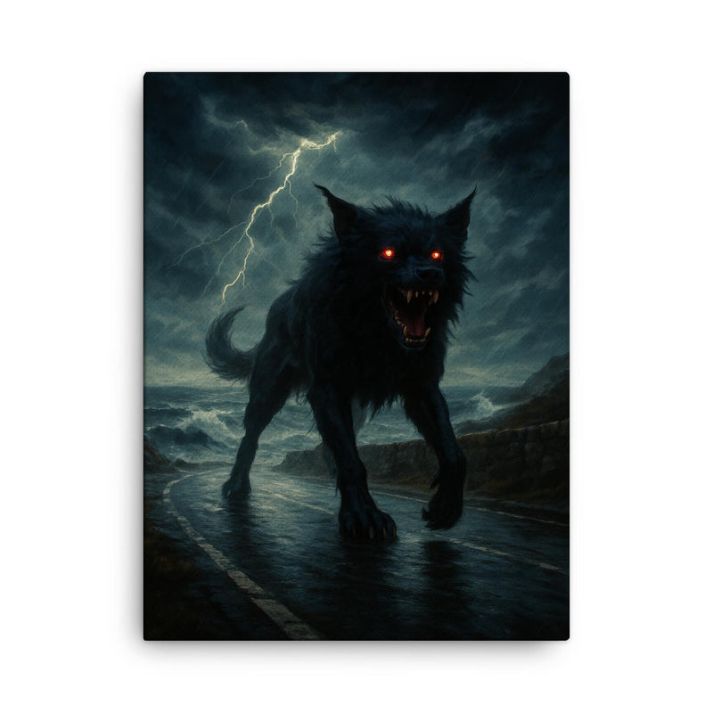 Black Shuck on storm lashed coastal road canvas print on a plain backdrop in size 18