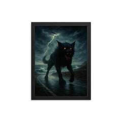 Black Shuck on storm lashed coastal road framed print on a plain backdrop in size 12"x16".