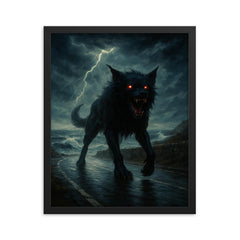 Black Shuck on storm lashed coastal road framed print on a plain backdrop in size 16"x20".