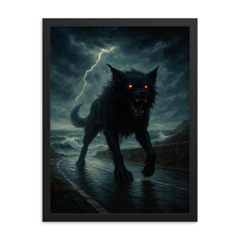 Black Shuck on storm lashed coastal road framed print on a plain backdrop in size 18