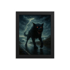 Black Shuck on storm lashed coastal road framed print on a plain backdrop in size 8"x10".
