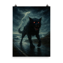 Black Shuck on storm lashed coastal road poster on a plain backdrop in size 8"x10".