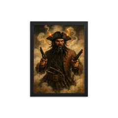 Blackbeard amid fuse smoke and pistols framed print on a plain backdrop in size 12"x16".