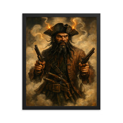 Blackbeard amid fuse smoke and pistols framed print on a plain backdrop in size 16"x20".