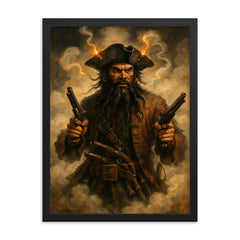 Blackbeard amid fuse smoke and pistols framed print on a plain backdrop in size 18"x24".