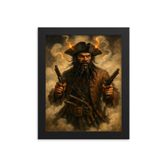 Blackbeard amid fuse smoke and pistols framed print on a plain backdrop in size 8"x10".
