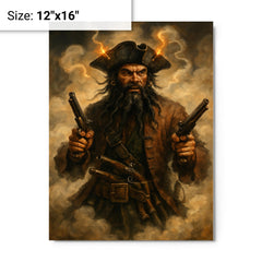 Blackbeard amid fuse smoke and pistols metal print on a plain backdrop in size 12"x16".