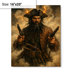 Blackbeard amid fuse smoke and pistols metal print on a plain backdrop in size 16"x20".