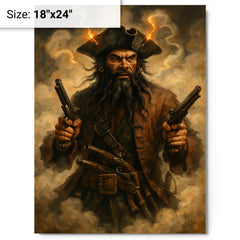 Blackbeard amid fuse smoke and pistols metal print on a plain backdrop in size 18"x24".
