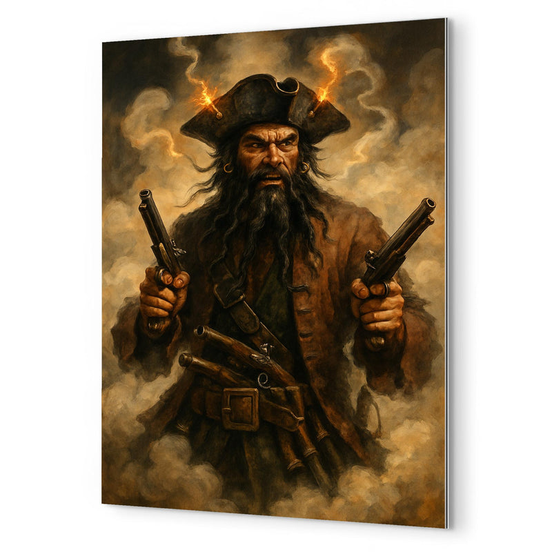 Blackbeard amid fuse smoke and pistols metal print mockup