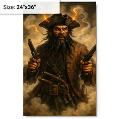 Blackbeard amid fuse smoke and pistols metal print on a plain backdrop in size 24"x36".