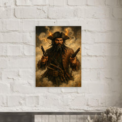 Blackbeard amid fuse smoke and pistols metal print mockup