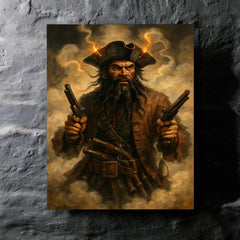 Blackbeard amid fuse smoke and pistols metal print mockup