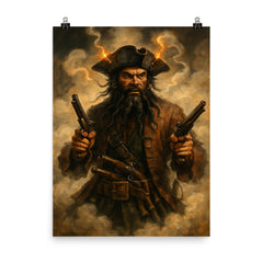 Blackbeard amid fuse smoke and pistols poster on a plain backdrop in size 8"x10".