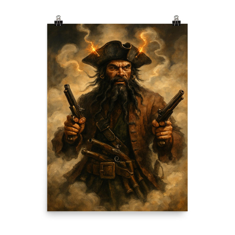 Blackbeard amid fuse smoke and pistols poster on a plain backdrop in size 8