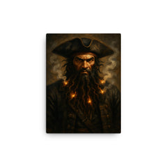 Blackbeard with smoking fuses in beard canvas print on a plain backdrop in size 12"x16".