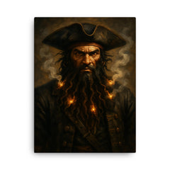 Blackbeard with smoking fuses in beard canvas print on a plain backdrop in size 18"x24".