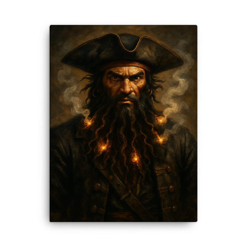 Blackbeard with smoking fuses in beard canvas print on a plain backdrop in size 18