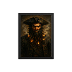 Blackbeard with smoking fuses in beard framed print on a plain backdrop in size 12"x16".