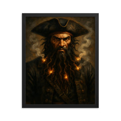 Blackbeard with smoking fuses in beard framed print on a plain backdrop in size 16"x20".