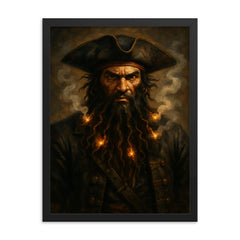 Blackbeard with smoking fuses in beard framed print on a plain backdrop in size 18"x24".