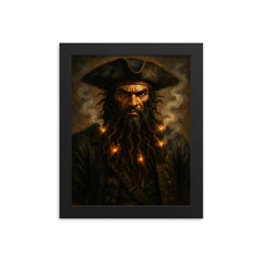 Blackbeard with smoking fuses in beard framed print on a plain backdrop in size 8"x10".