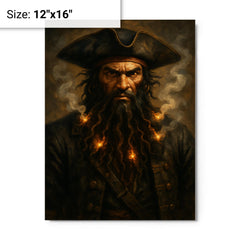 Blackbeard with smoking fuses in beard metal print on a plain backdrop in size 12"x16".