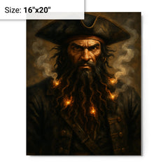 Blackbeard with smoking fuses in beard metal print on a plain backdrop in size 16"x20".
