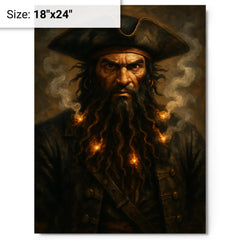 Blackbeard with smoking fuses in beard metal print on a plain backdrop in size 18"x24".