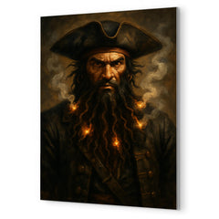 Blackbeard with smoking fuses in beard metal print mockup
