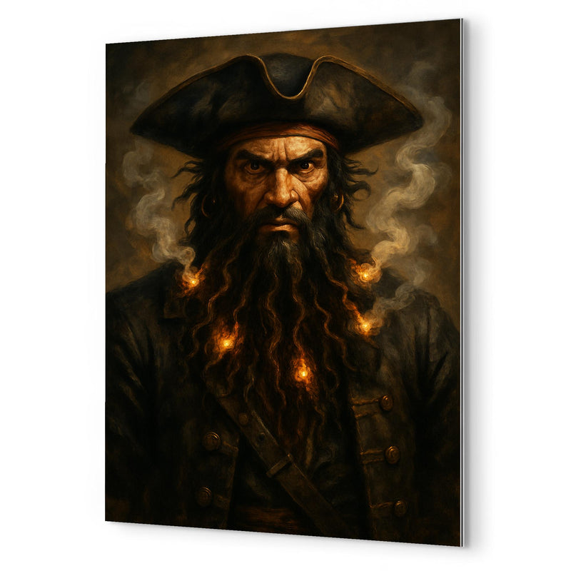 Blackbeard with smoking fuses in beard metal print mockup