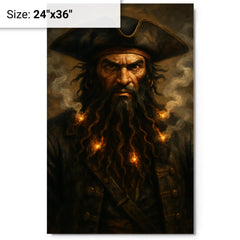 Blackbeard with smoking fuses in beard metal print on a plain backdrop in size 24"x36".
