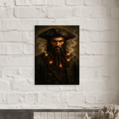 Blackbeard with smoking fuses in beard metal print mockup