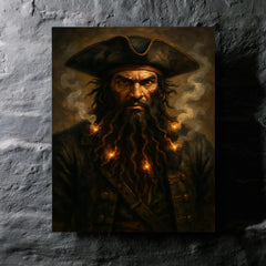 Blackbeard with smoking fuses in beard metal print mockup