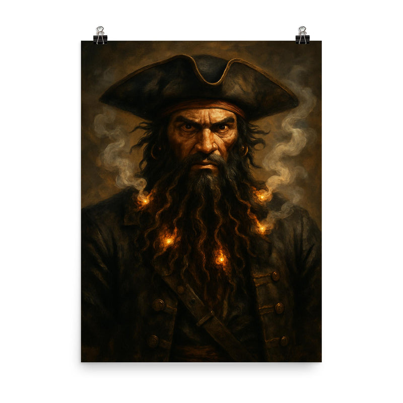 Blackbeard with smoking fuses in beard poster on a plain backdrop in size 8