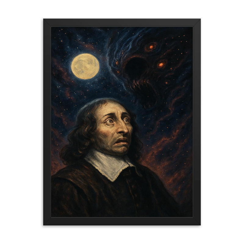 Blaise Pascal and the terrifying silent universe framed print on a plain backdrop in size 18