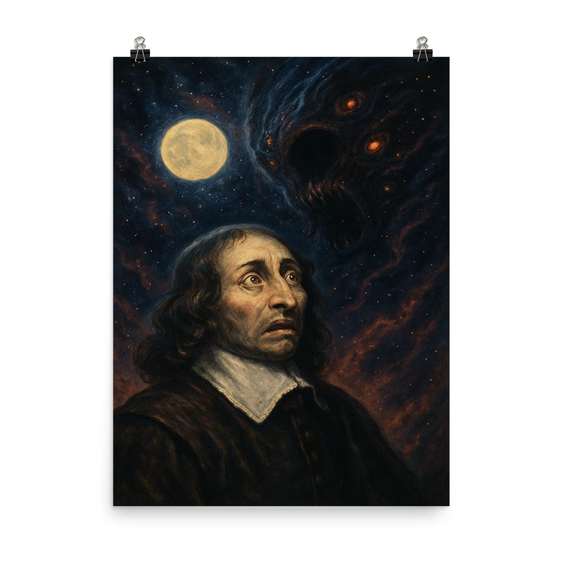 Blaise Pascal and the terrifying silent universe poster on a plain backdrop in size 8