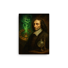 Blaise Pascal before haunted roulette wheel and vacuum apparatus canvas print on a plain backdrop in size 12"x16".